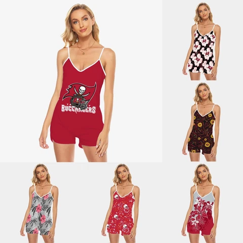 Tampa Bay Buccaneers Womens Beach Jumpsuit V-Neck Tank Tops Rompers Swimsuit Cover