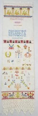 Antique 1919 French Cross Stitch Sampler with Hand Crocheted Fringe - Image 1 of 4