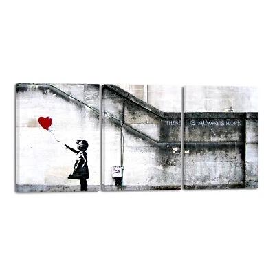 3 Piece Banksy Grafitti Girl with Red Balloon Modern Stretched Canvas Wall Art