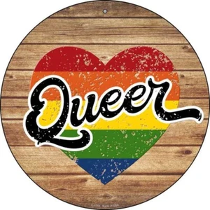 Queer Heart On Wood Round Circular Metal Sign 12" Home Garage Wall Decor - Picture 1 of 1