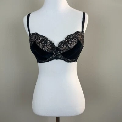 Pleasure State Bra 32D Black Satin Velvet Lace Lined Balconette White Label - Image 1 of 4