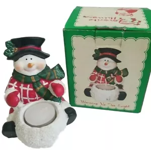 Schneemann Teelichthalter 5 x 4 Zoll - Winterdekoration wärmt seine Hände am Feuer - Bild 1 von 9
