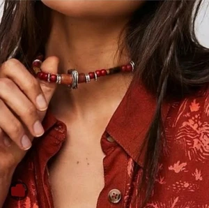 Free People Birdie Choker Necklace NWT Brown Silver Neutral Bohemian Layering - Picture 1 of 4