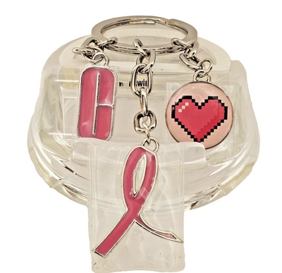 CLINIQUE 2024 Breast Cancer Awareness Charm Set Keychain Pink Ribbon Heart NWOT - Image 1 of 4