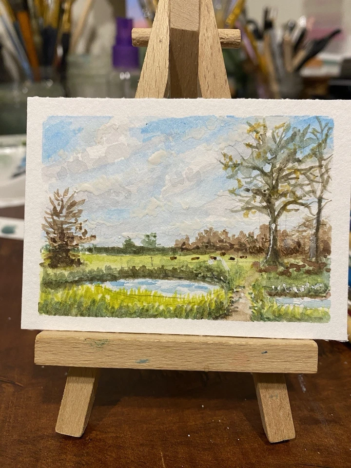 ACEO Original Watercolor 2.5”x 3.5”  Landscape “Farm Pond” by Pamela Long - Image 1 of 1