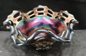 Fenton Vintage Carnival Glass Blue Two Row Open Edge Basket - Imagen 1 de 6