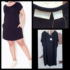 New 30W / 32W Zim & Zoe Cotton T-Shirt Dress Black Pockets Cuffed Short Sleeve - Picture 1 of 18