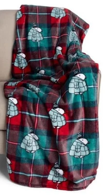Berkshire Peanuts Snoopy Puffer Coat Throw Full Queen Blanket 90" x 90" Plaid - Image 1 of 2