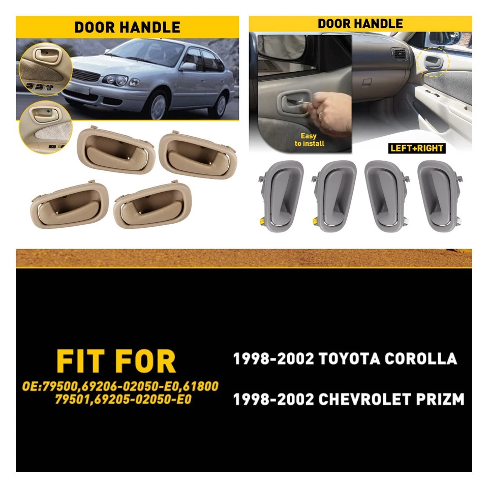 Gray/Black Inside Door Handles Rear+Front For 1998-2002 Toyota Corolla Prizm - Imagem 1 de 1