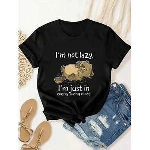 Ladies' I Am Not Lazy Letter Printed T-shirt, Fashionable Casual Short Sleeved - Picture 1 of 12