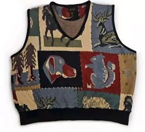 STRUCTURE 1990s Sweater Vest Patchwork Grandpacore Horse Dog Squirre Men’s Sz L - Picture 1 of 12