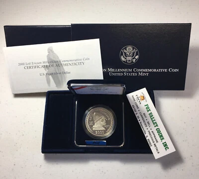 2000 LEIF ERICSON PROOF SILVER COMMEMORATIVE 90% SILVER IN US MINT OGP W/COA! - Image 1 of 4
