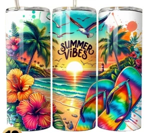 Summer Vibe Sunset Ocean Flip Flops 20oz Skinny Tumbler Travel Insulated - Picture 1 of 3