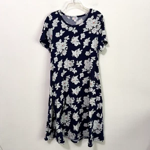 LuLaRoe Stretch Knit Dress M Floral Navy Short Sleeve Pockets Travel Comfy Work - Picture 1 of 9