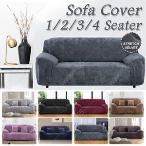 VELVET Elastic STRETCH SOFA COVERS Slipcover Protector Settee 1/2/3/4 Seater UK - Picture 1 of 73