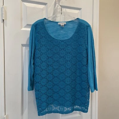 Blusa Top Liz Claiborne Mujer Talla L Bonita Encaje Azul Manga 3/4 Cuello Redondo Foto 1 de 3