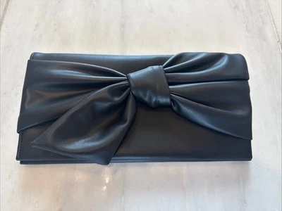 New INC International Concepts Black Faux Leather Bowah Clutch Handbag Purse Bow - Image 1 of 4