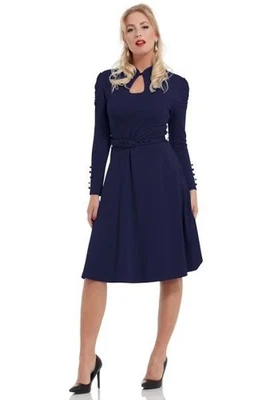 Voodoo Vixen Dita Navy Swing Keyhole Midi Long Sleeve Dress Sz L - Image 1 of 4