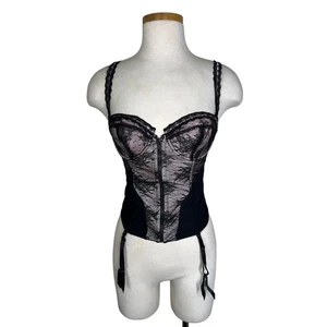 Jezebel Lust Bustier Lace Underwire Zip Front Garter Straps Black Pink Small - Picture 1 of 7