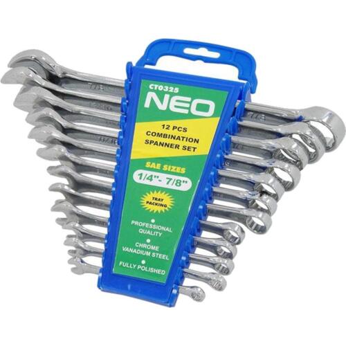 Neo 12pc Long Fully Polished Imperial Combination Spanner Wrench Set 1/4" - 7/8"