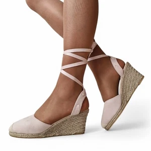 Women's Pinkish Nude Espadrille Wedge Sandals Lace-Up Ankle Tie Closed Toe Shoes - Picture 1 of 8