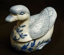 Vintage Ceramic Duck Goose Hand Painted Flow Blue & White Trinket Box 5” X 4”