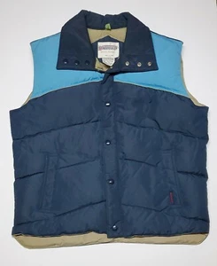 Windbreaker 70% Goose Down Vest Full Zip Snap Large VTG Retro Blue/Tan - Picture 1 of 11