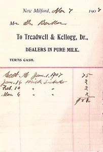 Milk Dealer New Milford CT 1907 Treadwell & Kellogg Dr. Receipt Billhead - Picture 1 of 3