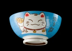 Ciotola Di Riso Gatto Giapponese Kawaii Maneki Neko Blu 11.5Cm In Ceramica - 321 - Picture 1 of 6