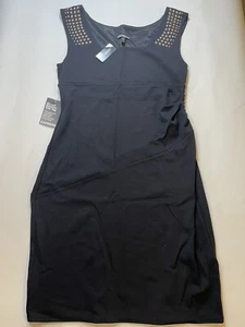 EXPRESS KLEID SCHWARZ MIT GOLD NIETEN AKZENTEN ÄRMELLOS STRETCH STRICK 12 LESEN - Bild 1 von 9