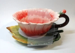 Ceramic GARDEN COLLECTION CUP & SAUCER - PINK FLOWER Green Leaf by Corner Ruby - Picture 1 of 10