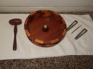 Vintage Redwood Standard Specialty Co Nut Bowl w mallet ,metal crackers,pick 9" - Picture 1 of 8