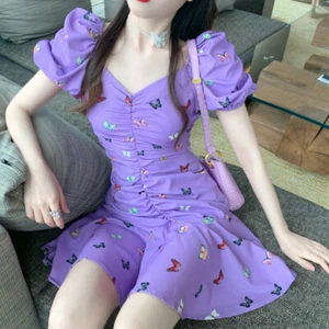 Women Short Dress Butterfly Printed Puff Sleeve Pleated Slim Hoilday Casual Sexy - Picture 1 of 13