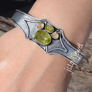 Faceted Peridot & Citrine Topaz Gemstone 925 Sterling Silver Cuff Big Bangle - Picture 1 of 5