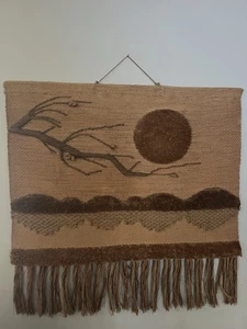 Retro Woven Boho Sun And Tree Of Life Fringe Textile Wall Tapestry ICA 1986 40” - Picture 1 of 6