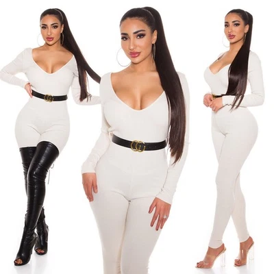 Koucla Damen Overall Jumpsuit Playsuit V-Ausschnitt mit Gürtel Beige M - Bild 1 von 4