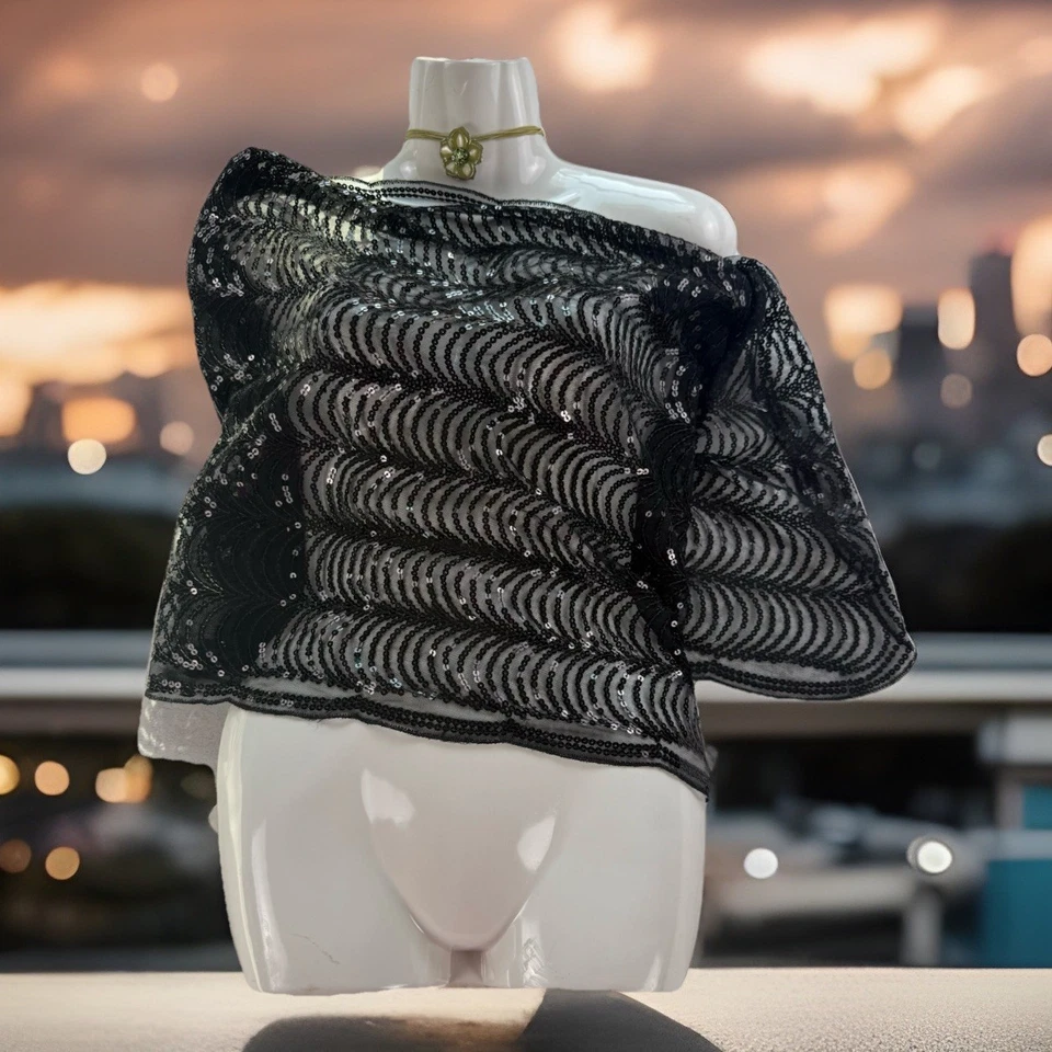 复古 Y2K 90 年代 2000 年代波西米亚黑色串珠网眼纯色耸肩披肩 Cape 女式 OS* — 第 1/4 张图片