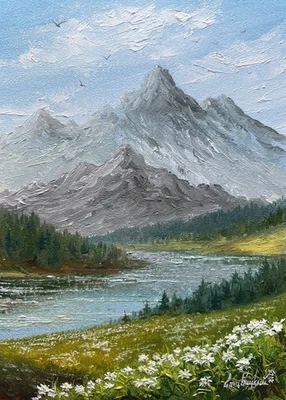 Edelweiss Mountain Oil Painting Original Nature Landscape Wildflowers Artwork - Image 1 of 3