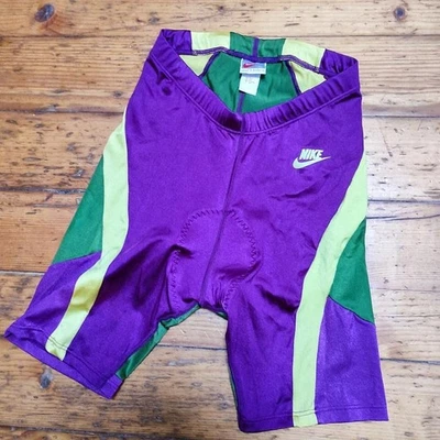 Pantalones Cortos de Ciclismo Nike De Colección Púrpura Verde Acolchado Bicicleta Pantalones Cortos Para Hombre Talla M Años 90 Foto 1 de 4