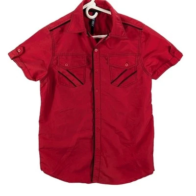 True Rock Shirt Mens Small Slim Fit Red Button Up Poker Camp Bowling Retro  - Image 1 of 4