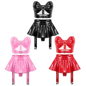 Women's PVC Leather 2 Pieces Rave Outfits Crop Top with Skirt Set Clubwear - Picture 1 of 37