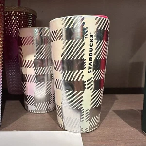Vaso Starbucks 2024 Holiday Luster 12 oz cerámica iridiscente rayas a cuadros rosa - Imagen 1 de 1