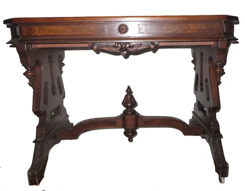 Victorian Renaissance Revival Library Desk Table - Burl Wood, Drawer w/Lock Cover
