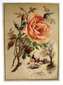 Tarjeta victoriana de recompensa de honor flores rosa paisaje cabaña sin usar - Imagen 1 de 2