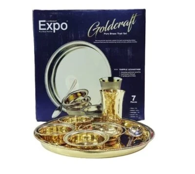 Brass Thali Set of 7 Brass Thali Brass Bowls Brass Glass Brass Spoon Dinner Set - Image 1 of 4