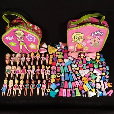 Polly Pocket Lot - 26 Dolls - 125 Piece Clothing - 2 Soft Cases - Mattel - Image 1 of 4