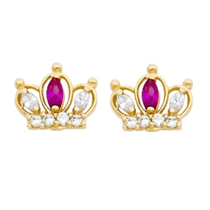 Genuine 14k Yellow Gold Red Cubic Zirconia Crown 8mm Screwback Earring Studs - Picture 1 of 6