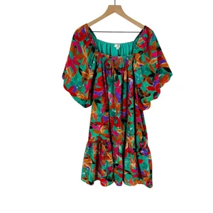 Entro Women's Colorful Leaf Print Off Shoulder Ruffle Hem Dress Size 1X - Picture 1 of 9