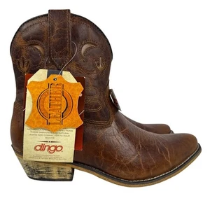 Dingo Adobe Rose 7" Western Ankle Boots Brown Leather Side Zip Cactus Moon 8.5M - Picture 1 of 11