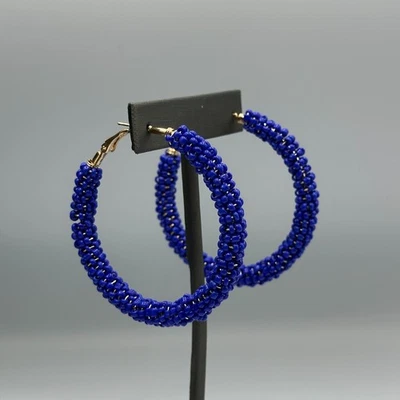 蓝色串珠环状耳环金色种子珠丝包裹厚重声明 — 第 1/4 张图片